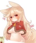  1girl ahoge animal_collar animal_ears areola_slip bell blonde_hair blush breast_hold breast_lift breasts cape capelet collar cowbell cropped_torso curvy ear_down fang fur-trimmed_capelet fur_trim hair_between_eyes hair_flaps heart highres large_breasts long_hair looking_at_viewer naked_capelet navel neck_bell no_shirt original red_cape red_collar red_eyes signature skin_fang slit_pupils smile sunapua tail 