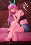  1girl aubrey_(omori) barefoot black_socks black_tank_top blush cabronpr crossed_legs embarrassed feet foot_out_of_frame highres legs long_hair looking_at_viewer omori pink_hair ribbon single_sock_removed socks soles solo steaming_body tank_top toes 