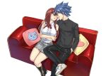  1boy 1girl arm_tattoo black_shirt black_skirt blue_eyes blue_hair boots breasts brown_eyes collared_shirt couch crossed_arms erza_scarlet fairy_tail hand_in_pocket high_heels highres jellal_fernandes large_breasts long_hair long_sleeves looking_at_another mashima_hiro multicolored_clothes multicolored_skirt on_couch pants pillow red_hair shirt shoes short_hair sitting skirt sleeveless sneakers spiked_hair striped striped_skirt tattoo white_skirt 