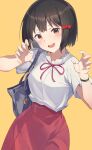  3s bag black_hair bob_cut bow brown_eyes casual claw_pose hair_bow hibike!_euphonium highres hisaishi_kanade red_bow red_skirt shirt short_hair short_sleeves shoulder_bag skirt smile white_shirt yellow_background 