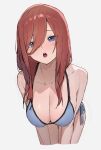  1girl :o bikini blue_bikini blue_eyes breasts brown_hair cleavage collarbone cropped_legs go-toubun_no_hanayome hair_between_eyes highres large_breasts long_bangs long_hair looking_at_viewer nakano_miku navel solo sooon stomach swimsuit 