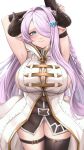  1girl 27h_kikyo absurdres armpits asymmetrical_gloves blue_eyes blush braid breasts butterfly_earrings cleavage demon_horns draph earrings gloves granblue_fantasy hair_ornament hair_over_one_eye highres horns jewelry large_breasts looking_at_viewer narmaya_(granblue_fantasy) pointy_ears single_braid single_thighhigh smile snowman_hair_ornament solo thigh_gap thigh_strap thighhighs thighs uneven_gloves 