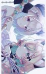  2girls :3 animal_ears bare_shoulders black_bow blonde_hair blue_hair blue_nails blurry blush bob_cut bow braid cat_ears crown depth_of_field enna_alouette enna_alouette_(2nd_costume) flower gold_choker gradient_hair green_eyes hair_bow hair_flower hair_ornament halterneck hand_up head_wings highres holding holding_staff long_sleeves looking_at_viewer low_twintails medium_hair millie_parfait millie_parfait_(2nd_costume) mini_crown multicolored_hair multiple_girls nijisanji nijisanji_en noa_hxx official_alternate_costume pillarboxed purple_eyes purple_wings staff streaked_hair twintails virtual_youtuber whiskers white_background white_flower wings 