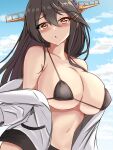  1girl beach bikini bikini_skirt black_bikini black_hair blue_sky blush breasts brown_eyes cloud cloudy_sky day frills hairband haruna_(kancolle) haruna_kai_ni_(kancolle) headgear highres jacket kantai_collection large_breasts long_hair long_sleeves looking_at_viewer micro_bikini montemasa official_alternate_costume open_mouth outdoors parted_lips sky solo swimsuit swimsuit_under_clothes 