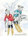  1998 anthro arctic_fox blue_clothing blue_topwear canid canine clothing duo english_text eye_contact female fox leafdog looking_at_another lorelei_sikorsky male mammal outside red_clothing red_topwear signature ski skiing snow sportswear text topwear victor_sikorsky white_body 