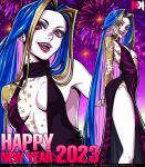  1girl 2023 :d arched_back arm_behind_back arm_tattoo bare_shoulders black_dress blonde_hair blue_hair braces breast_tattoo breasts collarbone dress earrings feet_out_of_frame fireworks freckles happy_new_year highres hip_tattoo jewelry jinx_(league_of_legends) koiarts league_of_legends long_hair medium_breasts multicolored_hair multiple_views no_bra open_mouth pale_skin pink_eyes pink_hair red_lips shoulder_tattoo smile star_tattoo tattoo teeth very_long_hair 