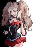  1girl absurdres black_background black_choker black_necktie black_shirt blue_eyes bow breasts choker cleavage collarbone danganronpa:_trigger_happy_havoc danganronpa_(series) enoshima_junko facial_mark hair_ornament hand_up highres large_breasts long_hair miniskirt nail_polish necktie no_hair_ornament noname_(user_wkpu7848) plaid plaid_skirt red_bow red_nails red_skirt shirt skirt smile solo tongue tongue_out twintails two-tone_background whisker_markings white_background white_necktie 