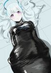  1girl absurdres alternate_costume bdsm blue_archive bondage bound breasts grey_hair halo headphones highres large_breasts latex long_hair looking_at_viewer lying mummification_(bound) mummification_(non_bound) noa_(blue_archive) seirein_(seireinnnn) solo 