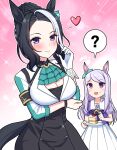  2girls :d ? animal_ears ascot black_hair black_skirt blue_ascot blush breasts cake cake_slice cleavage closed_mouth commentary_request emphasis_lines food food_on_face forehead fork fruit gloves hand_up heart high-waist_skirt highres holding holding_fork holding_plate horse_ears horse_girl horse_tail large_breasts long_hair long_sleeves mejiro_mcqueen_(umamusume) mejiro_ramonu_(umamusume) mole mole_under_eye multicolored_hair multiple_girls parted_bangs pink_background plate purple_eyes purple_hair shirt single_glove skirt smile sparkle spoken_question_mark strawberry streaked_hair swept_bangs tail takiki umamusume very_long_hair white_gloves white_hair white_shirt 