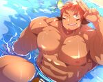  1boy abs animal_ears bara brown_eyes brown_hair brown_male_swimwear bulge cow_boy cow_ears cow_horns dark-skinned_male dark_skin error facial_hair fiery_horns forked_eyebrows glowing_horns goatee highres horns large_pectorals leoandaslan_(leobongnana) looking_up male_focus male_swimwear muscular muscular_male nipples one_eye_closed partially_submerged pectorals revision salute short_hair sitting solo sparkling_eyes spiked_hair stomach sunlight thick_eyebrows thick_thighs thighs tokyo_afterschool_summoners topless_male vulcan_salute wakan_tanka wet 