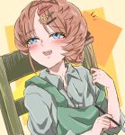  1girl alternate_hairstyle apron blue_eyes blush braid brown_hair chair collared_shirt crown_braid fangs fate/grand_order fate_(series) flower green_apron hair_flower hair_ornament hairclip hand_up highres holding holding_paintbrush long_sleeves looking_to_the_side open_mouth paintbrush shimogamo_(shimomo_12) shirt side_braid sitting solo sunflower sunflower_hair_ornament teeth tongue upper_body van_gogh_(fate) 