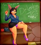  2016 4_fingers anthro apple big_breasts black_hair bottomwear breasts brown_body brown_fur brown_nose chalk chalkboard chest_tuft classroom classroom_desk cleavage clothed clothing desk exposed_crotch female fingers food footwear fruit fur furniture hair hampton hand_on_leg hand_on_thigh hi_res high_heels holding_object janice_flynn lagomorph leporid long_ears long_sleeves mammal mature_female notebook panties plant purple_clothing purple_eyes purple_footwear purple_shoes purple_underwear rabbit raised_arm raised_bottomwear raised_clothing raised_skirt school shirt shoes short_hair short_tail signature sitting skirt slightly_chubby solo stick table tail teacher topwear tuft underwear 