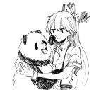  1girl :t animal bangs bear bow closed_mouth collared_shirt eyebrows_hidden_by_hair fujiwara_no_mokou greyscale hair_between_eyes hair_bow half_updo hatching_(texture) holding holding_animal itomugi-kun jitome linear_hatching looking_at_animal monochrome panda shirt short_sleeves simple_background sketch solo suspenders t_t tongue torn_clothes torn_sleeves touhou upper_body white_background wing_collar |_| 