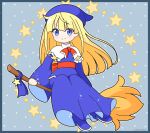  1girl blonde_hair blue_dress blue_eyes blue_footwear blue_headwear boots bow broom broom_riding capelet closed_mouth commentary_request dress full_body grey_background high_heel_boots high_heels long_hair long_sleeves looking_at_viewer mitya polka_dot polka_dot_background puyopuyo red_bow smile solo star_(symbol) very_long_hair white_capelet wide_sleeves witch_(puyopuyo) 