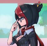  1girl bangs black-framed_eyewear black_hair black_jacket breasts cleavage closed_mouth collared_shirt fiora_(league_of_legends) glasses green_nails hair_ornament hair_stick hand_up headmistress_fiora indoors jacket league_of_legends medium_breasts pen_in_hair phantom_ix_row profile red_hair red_scarf scarf shiny_skin shirt solo striped striped_jacket tree 