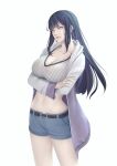  1girl belt belt_buckle black_hair blunt_bangs breasts buckle cleavage commentary crossed_arms denim denim_shorts frown hood hood_down hoodie hyuuga_hinata large_breasts long_hair long_sleeves naruto:_road_to_ninja naruto_(series) naruto_shippuuden navel no_pupils open_clothes open_hoodie purple_eyes shorts solo sunmoony white_background 