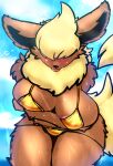  absurd_res anthro areola bikini biped blush bodily_fluids breasts cleavage clothed clothing eeveelution female flareon front_view fur generation_1_pokemon golden_bikini hi_res milkteafox nintendo orange_body pokemon pokemon_(species) solo sweat swimwear tan_body tan_fur tongue tongue_out 