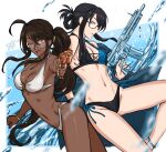  2girls ;d ahoge bare_arms bare_legs bikini black-framed_eyewear black_bikini black_hair bracelet breasts brown_eyes brown_hair commentary_request dark-skinned_female dark_skin drill_(emilio) folded_ponytail glasses grey_eyes hair_between_eyes highres jewelry long_hair looking_at_viewer medium_breasts multiple_girls navel necklace o-ring o-ring_bikini one_eye_closed open_mouth original parted_lips ponytail semi-rimless_eyewear sidelocks smile stomach swimsuit under-rim_eyewear very_long_hair water water_gun white_bikini 