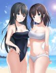  2girls absurdres bandeau bare_shoulders beach bikini black_hair black_one-piece_swimsuit blue_sky breasts cleavage cloud commission day english_commentary green_eyes highres horizon large_breasts long_hair medium_hair multiple_girls neon_(hhs9444) ocean one-piece_swimsuit original outdoors pixiv_commission sky strapless strapless_bikini strapless_swimsuit swimsuit white_bikini 