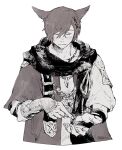  1boy animal_ears black_scarf brown_hair cat_ears closed_eyes collarbone cropped_torso dated elbow_gloves facial_mark facing_viewer final_fantasy final_fantasy_xiv fingerless_gloves g&#039;raha_tia gloves hair_ornament itowff14 jacket jewelry male_focus miqo&#039;te monochrome necklace parted_lips pointing scarf sepia short_hair shoulder_belt signature simple_background solo straight-on swept_bangs upper_body white_background x_hair_ornament 