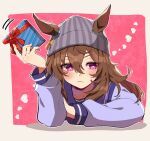  1girl animal_ears beanie blush box brown_hair closed_mouth ears_through_headwear elbow_rest gift gift_box grey_headwear hair_between_eyes hat heart highres holding holding_gift horse_ears long_hair long_sleeves looking_away motion_lines nakayama_festa_(umamusume) oage_(su4i7ri_u) purple_eyes purple_shirt sailor_collar shirt solo umamusume upper_body valentine 