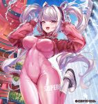  1girl alice_(nikke) animal_ear_headphones animal_ears bodysuit breasts clothes_writing covered_navel cropped_jacket fake_animal_ears gloves goddess_of_victory:_nikke headphones highres impossible_bodysuit impossible_clothes jacket long_hair looking_at_viewer medium_breasts official_art pink_bodysuit pink_eyes pink_gloves pink_hair puffy_sleeves rabbit_pose red_jacket sidelocks skin_tight sleeves_past_wrists smile solo star_(symbol) teeth thigh_gap tocope twintails two-tone_gloves upper_teeth_only water white_footwear white_gloves wide_hips 