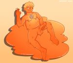  2023 balls bedroom_eyes digital_drawing_(artwork) digital_media_(artwork) foreskin genitals goo_creature hi_res humanoid ian_(theslimeguy) looking_at_viewer male masturbation melting narrowed_eyes naughty_prince not_furry orange_body orange_skin overweight overweight_male penis puddle seductive shaded slime slime_core smile solo 