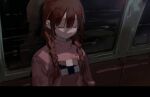  1girl braid brown_hair closed_eyes closed_mouth facing_viewer hair_between_eyes hair_over_shoulder highres iovebly long_hair long_sleeves madotsuki pink_sweater reflection solo sweater train_interior turtleneck twin_braids upper_body window yume_nikki 