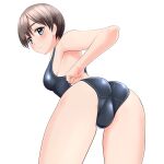  1girl absurdres ass black_hair black_one-piece_swimsuit competition_swimsuit crotch_seam from_behind grey_eyes highres leaning_forward looking_at_viewer looking_back one-piece_swimsuit original parted_lips short_hair solo standing swimsuit takafumi 