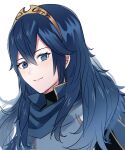  1girl ameno_(a_meno0) blue_eyes blue_hair blue_scarf fire_emblem fire_emblem_awakening flat_chest hair_between_eyes long_hair lucina_(fire_emblem) neck scarf smile solo sweater symbol-shaped_pupils tiara turtleneck turtleneck_sweater upper_body white_background 