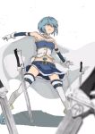  1girl belt blue_eyes blue_footwear blue_hair blue_skirt blurry boots cape clenched_teeth depth_of_field detached_sleeves gloves highres looking_to_the_side magical_girl mahou_shoujo_madoka_magica mahou_shoujo_madoka_magica_(anime) midriff miki_sayaka navel no_nose oishiibou outstretched_arms planted planted_sword shadow short_hair skirt solo soul_gem spread_arms spread_legs standing sword teeth thighhighs weapon white_cape white_gloves white_thighhighs 