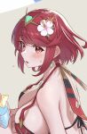  1girl alternate_costume back beach bikini blush breasts cleavage close-up core_crystal_(xenoblade) cup drink earrings flower food fruit hair_flower hair_ornament highres holding holding_cup holding_drink jewelry lemon lemon_slice looking_at_viewer looking_up official_alternate_costume pyra_(pro_swimmer)_(xenoblade) pyra_(xenoblade) red_eyes short_hair simple_background surprised sweat sweatdrop swimsuit taro_(peach_taro51) xenoblade_chronicles_(series) xenoblade_chronicles_2 