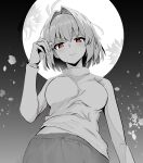  1girl absurdres arcueid_brunestud black_background breasts closed_mouth commentary_request floral_print full_moon gradient_background grey_background greyscale highres large_breasts long_sleeves looking_at_viewer monochrome moon ossou_rocket red_eyes short_hair skirt smile solo sweater tsukihime turtleneck turtleneck_sweater 