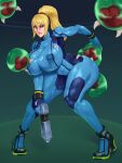  biting blonde_hair blue_bodysuit blue_eyes bodysuit covered_nipples gun holding holding_gun holding_weapon lactation lactation_through_clothes lip_biting long_hair looking_at_viewer looking_to_the_side metroid metroid_(creature) ponytail rampage_(leedash2) samus_aran weapon zero_suit 