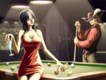  1boy 1girl ball bare_shoulders beard billiard_ball billiards black_hair black_headwear blunt_bangs closed_mouth commentary cue_stick dracule_mihawk dress english_commentary facial_hair hat hat_feather holding holding_cue_stick holding_ticket indoors long_hair mustache nico_robin one_piece open_mouth pool_table red_dress short_hair sideburns sitting sitting_on_table smile table third-party_source ticket zugan_(berugkamp) 