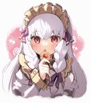  1girl braided_sidelock cookie dress fire_emblem fire_emblem:_three_houses fire_emblem_heroes food highres long_hair looking_at_viewer lysithea_von_ordelia lysithea_von_ordelia_(tea_party) maid_headdress nakabayashi_zun official_alternate_costume official_alternate_hairstyle parted_lips red_eyes solo upper_body white_background white_dress 
