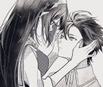  1boy 1girl alear_(female)_(fire_emblem) alear_(fire_emblem) closed_mouth couple diamant_(fire_emblem) fire_emblem fire_emblem_engage greyscale hands_on_another&#039;s_face hetero highres illust_mi long_hair looking_at_another monochrome short_hair smile tiara white_background 