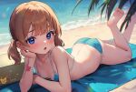  1girl ass barefoot bikini blue_bikini blush breasts brown_hair c_(theta) collarbone feet_up hand_on_own_cheek hand_on_own_face head_rest highres idolmaster idolmaster_million_live! looking_at_viewer lying mat micro_bikini on_stomach outdoors short_twintails small_breasts solo suou_momoko swimsuit twintails 