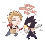  2boys animal_head apron beak bird_boy black_apron black_shirt blonde_hair boku_no_hero_academia bowl brown_apron brown_shirt chibi closed_mouth commentary_request earrings egg english_text facial_hair feathered_wings full_body hawks_(boku_no_hero_academia) holding holding_bowl holding_egg holding_spatula holding_whisk jewelry looking_at_viewer male_focus multiple_boys nbmtyr pants red_eyes red_wings romaji_text shirt short_hair simple_background smile spatula standing stubble tokoyami_fumikage valentine whisk white_background wings 