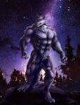  abs anthro big_penis body_hair canid canine canis chest_hair forest forest_background fur genitals glowing glowing_eyes humanoid male mammal muscular muscular_anthro muscular_male nature nature_background nude penis plant presenting solo standing thick_penis tree were werecanid werecanine werewolf wolf 