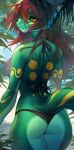  absurd_res anthro beach bikini butt clothed clothing dragon female green_body green_scales hair hi_res inkh narwhal_iv outside partially_clothed plant rear_view red_hair scales scalie seaside skimpy solo standing swimwear tree wingless_dragon yellow_eyes 