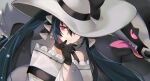  1girl atori_(piscis) black_choker black_gloves bow bracelet choker closed_mouth commentary_request dark_miku_(project_voltage) earrings gloves hand_to_own_mouth hand_up hat hat_bow hat_over_one_eye hatsune_miku highres jewelry long_hair long_sleeves looking_at_viewer obstagoon one_eye_covered pokemon pokemon_(creature) project_voltage red_eyes smile tongue tongue_out upper_body vocaloid white_headwear wide_sleeves 