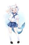  1girl ;d animal_ears arm_at_side arm_up black_footwear blue_choker blue_eyes blue_neckerchief blue_sailor_collar blue_skirt blunt_bangs blush cat_ears choker cocozasa commentary_request fins fish_tail full_body gawr_gura gawr_gura_(school_uniform) hair_bobbles hair_ornament heart hololive hololive_english kneehighs looking_at_viewer midriff_peek miniskirt navel neckerchief official_alternate_costume one_eye_closed pleated_skirt sailor_collar salute school_uniform serafuku shark_tail sharp_teeth shoes short_hair short_sleeves simple_background skirt smile socks solo standing tail teeth two_side_up virtual_youtuber white_background white_hair white_serafuku white_socks 