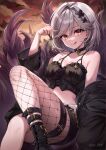  1girl alter_ego_malevolent_(granblue_fantasy) apple apple_core bare_shoulders black_jacket black_nails breasts camisole choker cleavage djeeta_(granblue_fantasy) feet_out_of_frame fishnet_pantyhose fishnets food fruit granblue_fantasy grey_hair hair_ornament hand_up highres holding holding_food holding_fruit iro_178 jacket jacket_partially_removed licking_lips medium_hair midriff open_clothes open_jacket pantyhose red_eyes shoes single_fishnet_legwear solo tongue tongue_out x_hair_ornament 
