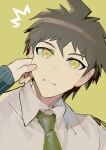  1boy ^^^ ahoge bowknot_huhu brown_hair cheek_pull collared_shirt danganronpa_(series) danganronpa_2:_goodbye_despair frown green_necktie highres hinata_hajime looking_at_viewer male_focus nanami_chiaki necktie orange_background portrait shirt short_hair simple_background solo_focus yellow_eyes 