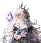  1girl breasts cape cleavage closed_mouth collar commentary_request corrin_(female)_(fire_emblem) corrin_(female)_(silent_bloodline)_(fire_emblem) corrin_(fire_emblem) crown dragonstone fire_emblem fire_emblem_fates fire_emblem_heroes grey_hair lips long_hair medium_breasts official_alternate_costume pointy_ears solo suzuki_rika upper_body white_background white_cape 