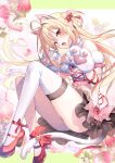  1girl ahoge animal_ears animal_hands bare_shoulders bell black_skirt blonde_hair bow cat_ears cat_paws cat_tail crop_top fake_animal_ears fang food fruit fur_armlet fur_collar hair_bun hair_ribbon high_heels hikikomari_kyuuketsuki_no_monmon long_hair open_mouth panties pantyshot red_bow red_eyes red_footwear red_ribbon ribbon riichu shirt single_fishnet_legwear skirt solo strawberry tail tail_bell tail_bow tail_ornament terakomari_gandezblood thighhighs thighs underwear white_panties white_shirt white_thighhighs 