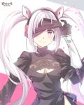  1girl 2b_(nier:automata) 2b_(nier:automata)_(cosplay) alice_(nikke) black_blindfold black_dress black_gloves black_hairband blindfold blindfold_lift breasts cleavage_cutout closed_mouth clothing_cutout cosplay dress gloves goddess_of_victory:_nikke hairband headphones highres juliet_sleeves long_hair long_sleeves mixflavor nier:automata nier_(series) pink_eyes pink_hair puffy_sleeves small_breasts solo twintails upper_body 