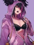  1girl black_bra black_hair black_nails bra breasts cleavage cosplay hair_over_one_eye han_juri kemachiku kigurumi looking_at_viewer multicolored_hair official_alternate_costume official_alternate_hairstyle open_mouth pajamas pink_pajamas purple_eyes solo streaked_hair street_fighter street_fighter_6 twintails underwear unzipped zipper_pull_tab 