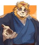  1boy animal_ears bara blush commentary_request condensation facial_hair furry furry_male glasses goatee headband highres indie_virtual_youtuber japanese_clothes kimono kinji_ninomiya lion_boy lion_ears lion_mane looking_at_viewer male_focus open_hand outstretched_hand pawpads red_headband shirotoki_(qdng0atngbaqmce) smile thick_eyebrows upper_body 